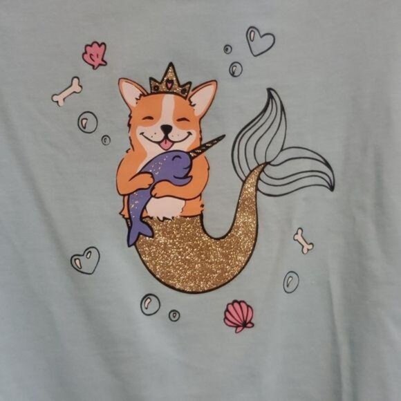 Oshkosh Originals 24M Light Blue Toddler Tee With Glittery Mermaid Corgi Graphic - Picture 2 of 3
